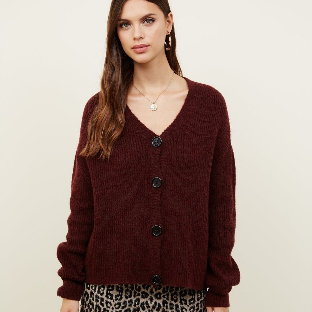 New Look Burgundy Button Up Knit Cardigan